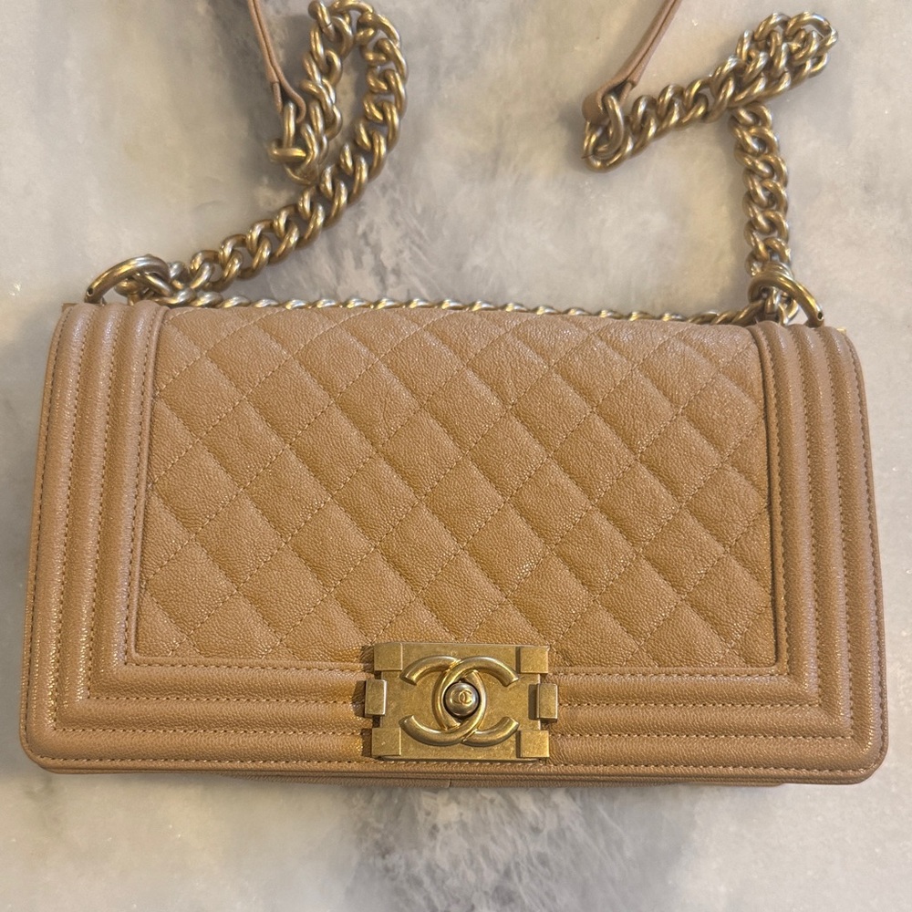 Rare Chanel Beige Old Medium Quilted Chain Boy Bag
